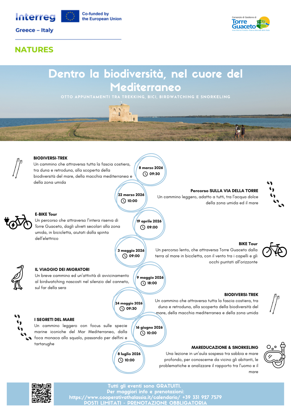 Progetto NATURES: nella Riserva di Torre Guaceto parte la campagna di sensibilizzazione per specie e habitat prioritari. Otto appuntamenti tra trekking, bici, birdwatching e snorkeling.
